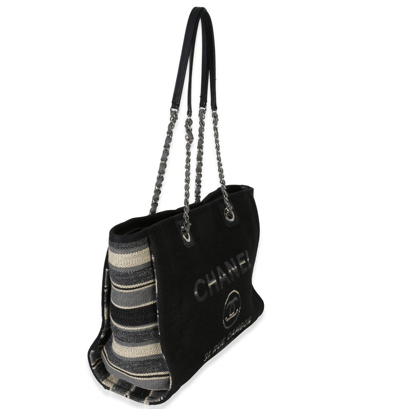 Chanel Blue Canvas Striped Small Deauville Shopping Tote Black Handbag