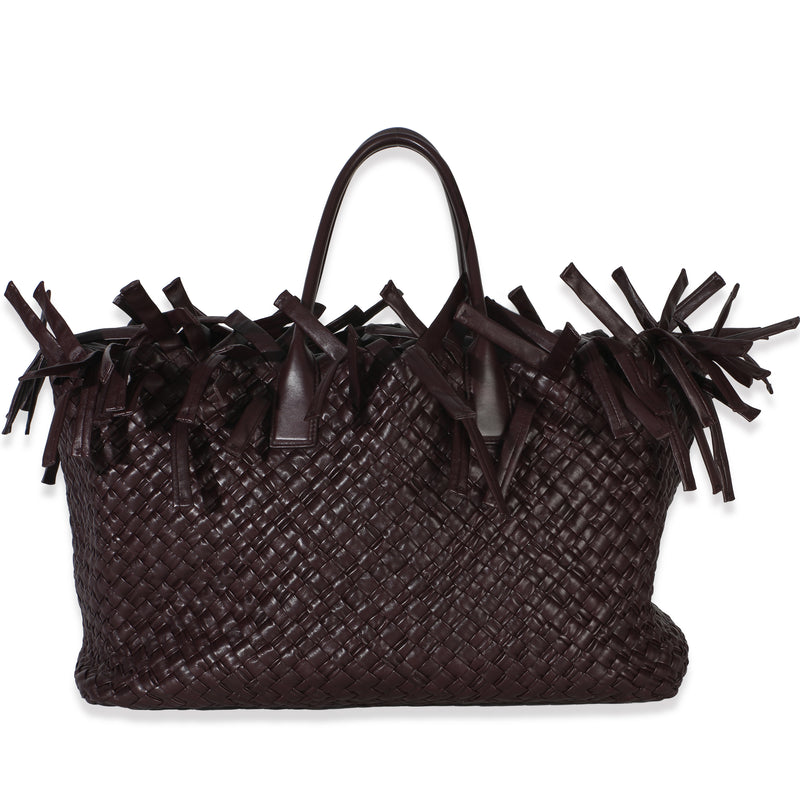 Bottega Veneta Burgundy Nappa Intrecciato Fringe Oversized Cabat Tote Red Leather Handbag