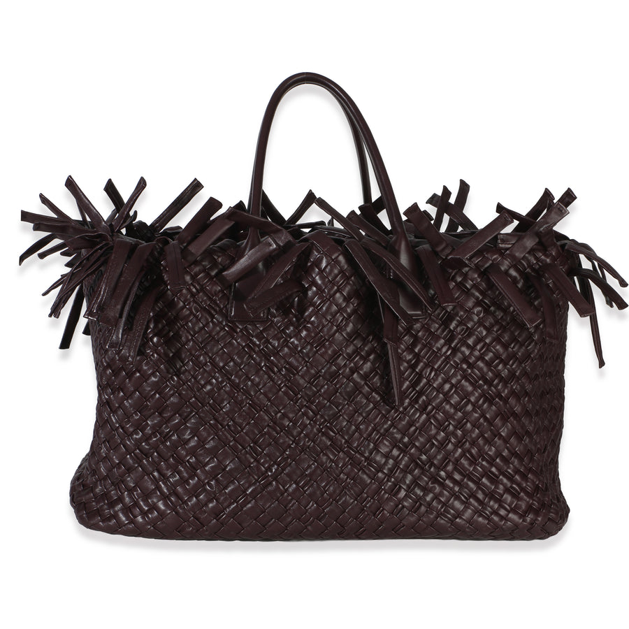 Bottega Veneta Burgundy Nappa Intrecciato Fringe Oversized Cabat Tote Red Leather Handbag