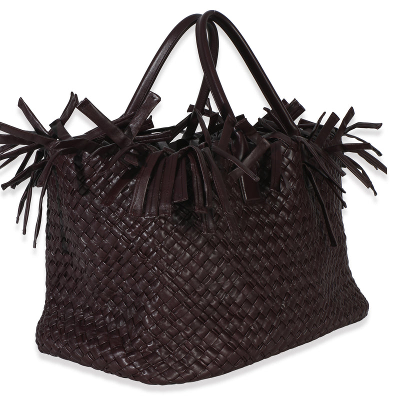 Bottega Veneta Burgundy Nappa Intrecciato Fringe Oversized Cabat Tote Red Leather Handbag