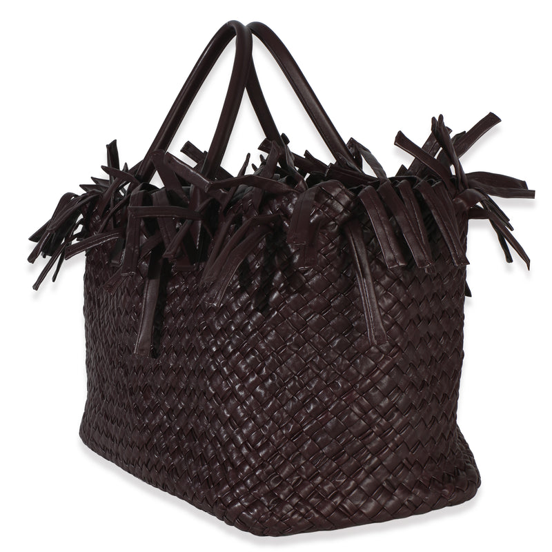 Bottega Veneta Burgundy Nappa Intrecciato Fringe Oversized Cabat Tote Red Leather Handbag