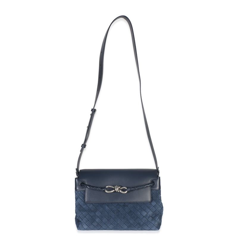 Bottega Veneta Neptune Intrecciato Suede Andiamo Messenger Bag Blue Leather; Handbag
