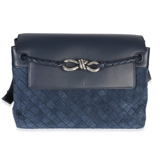 Bottega Veneta Neptune Intrecciato Suede Andiamo Messenger Bag Blue Leather; Handbag