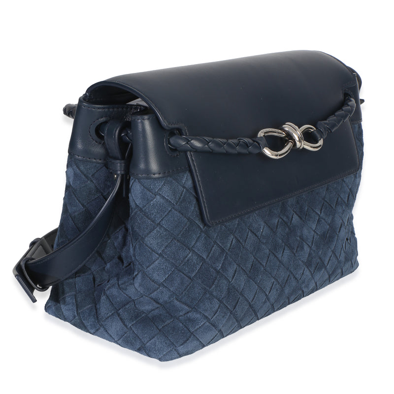 Bottega Veneta Neptune Intrecciato Suede Andiamo Messenger Bag Blue Leather; Handbag