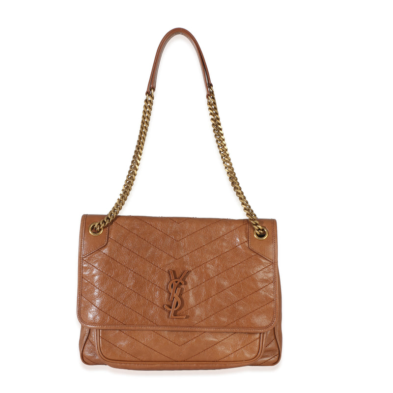 Saint Laurent Caramel Crinkled Calfskin Matelasse Medium Niki Chain Satchel Brown Leather Handbag