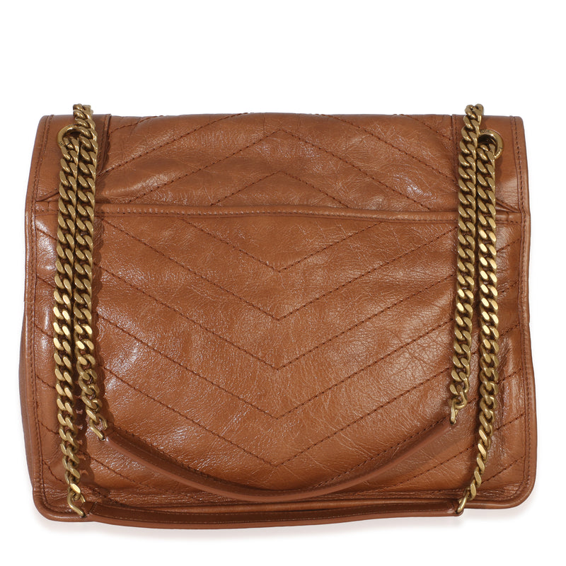 Saint Laurent Caramel Crinkled Calfskin Matelasse Medium Niki Chain Satchel Brown Leather Handbag