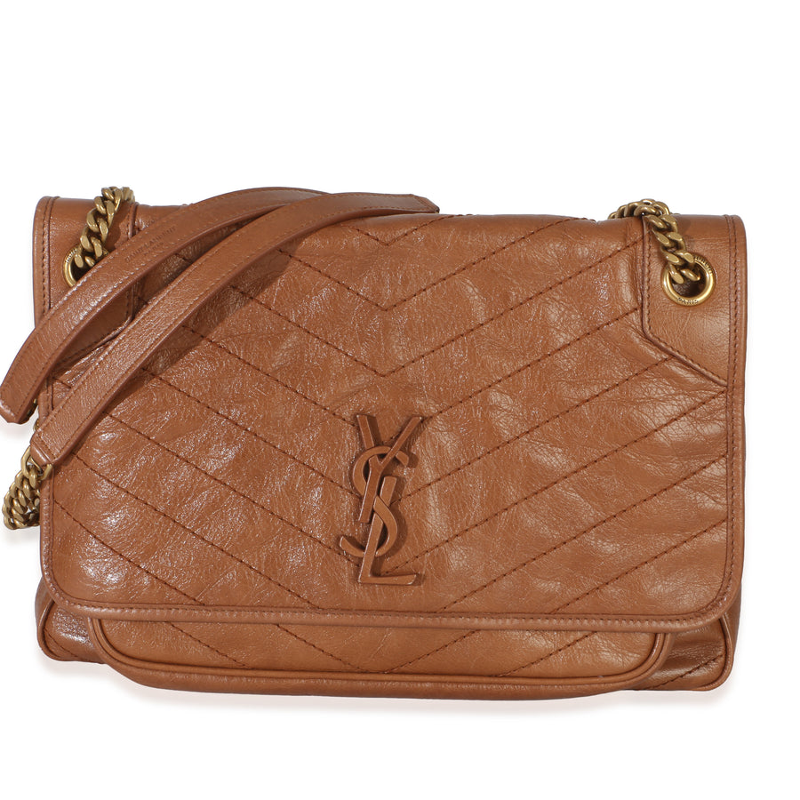 Saint Laurent Caramel Crinkled Calfskin Matelasse Medium Niki Chain Satchel Brown Leather Handbag