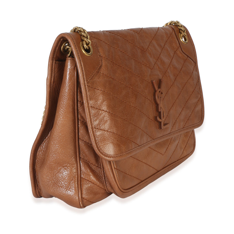 Saint Laurent Caramel Crinkled Calfskin Matelasse Medium Niki Chain Satchel Brown Leather Handbag