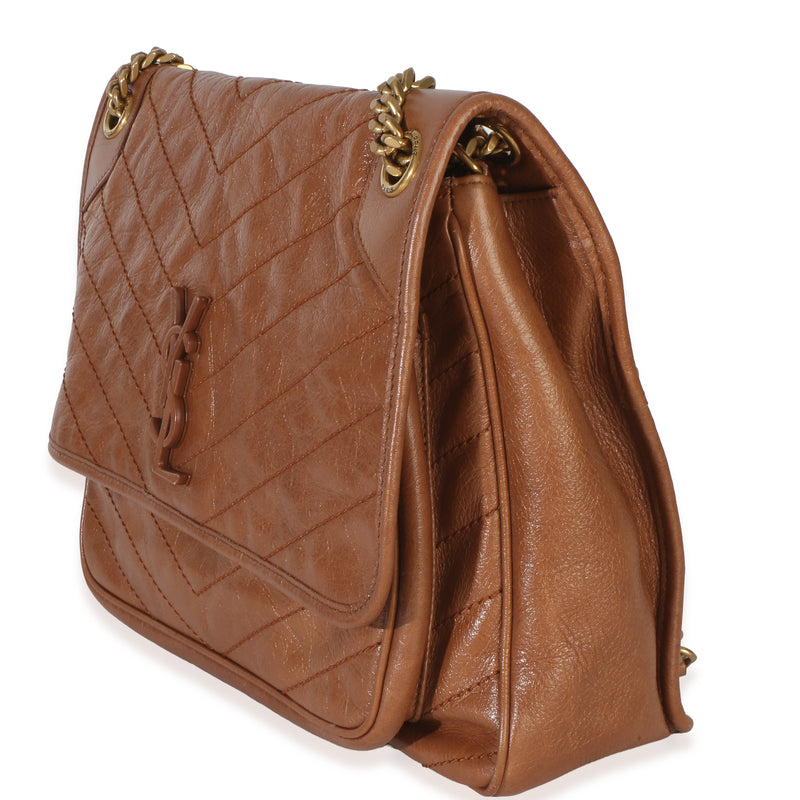 Saint Laurent Caramel Crinkled Calfskin Matelasse Medium Niki Chain Satchel Brown Leather Handbag