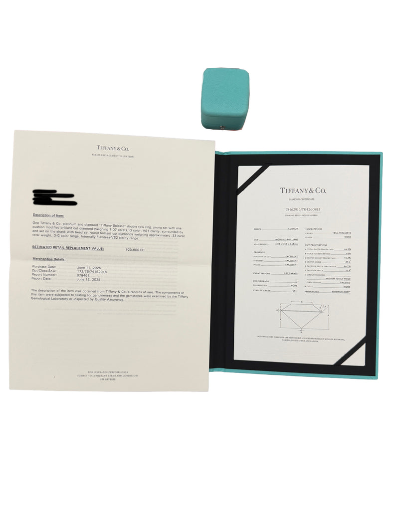 Tiffany & Co. 1.07 Ct Cushion Diamond Soleste Double Halo Engagement Ring 950