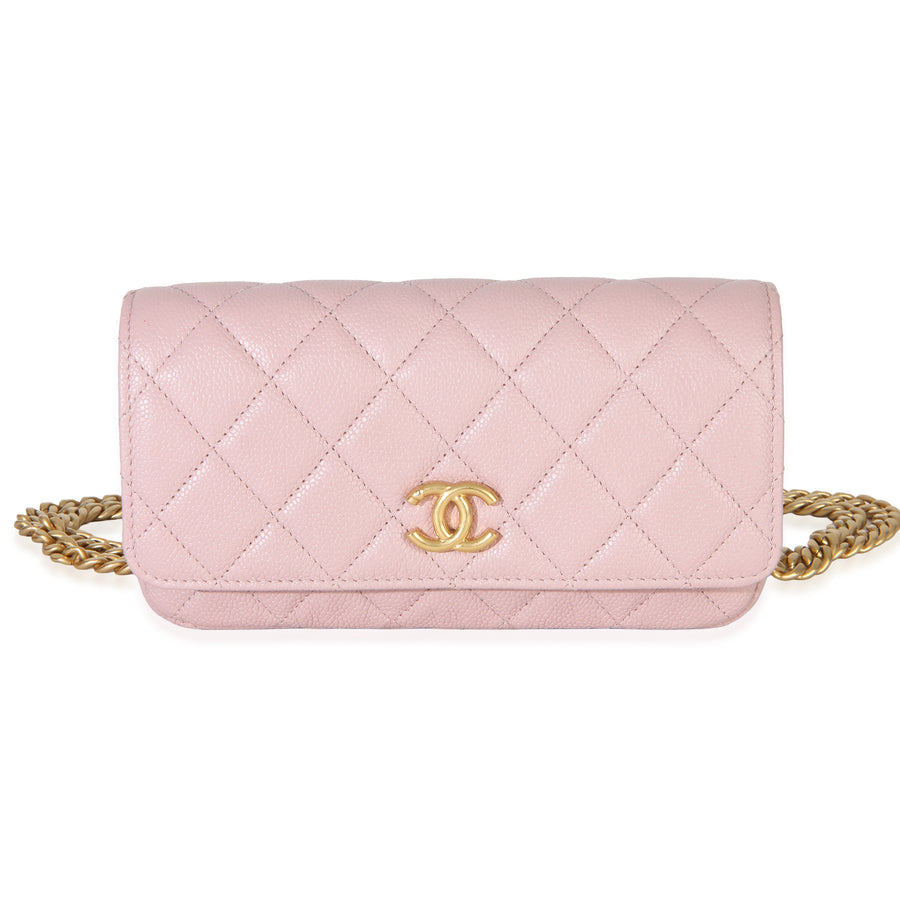Chanel Light Pink Quilted Caviar Sweetheart Phone Holder With Chain Handbag Leather