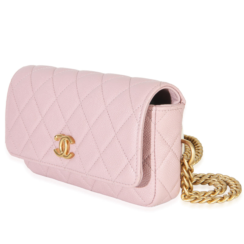Chanel Light Pink Quilted Caviar Sweetheart Phone Holder With Chain Handbag Leather