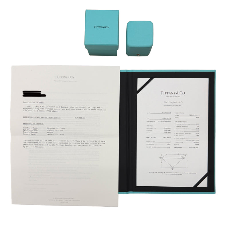Tiffany & Co. 1.04 Ct Emerald Diamond Charles Mens Engagement Ring 950