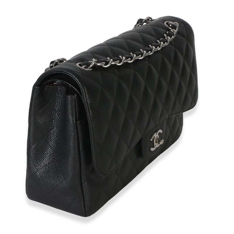 Chanel Black Quilted Caviar Jumbo Double Flap Handbag Leather
