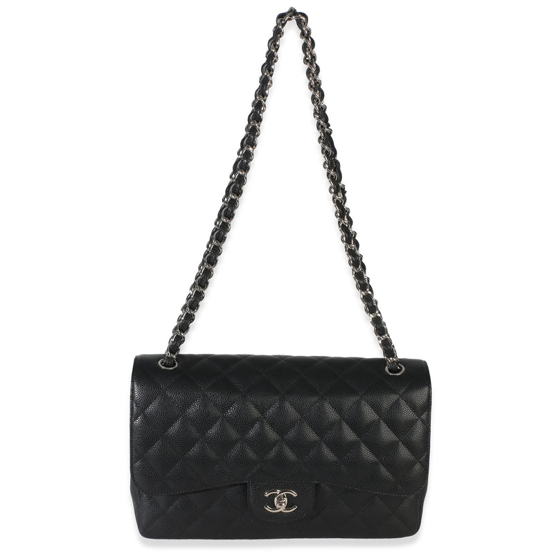 Chanel Black Quilted Caviar Jumbo Double Flap Handbag Leather