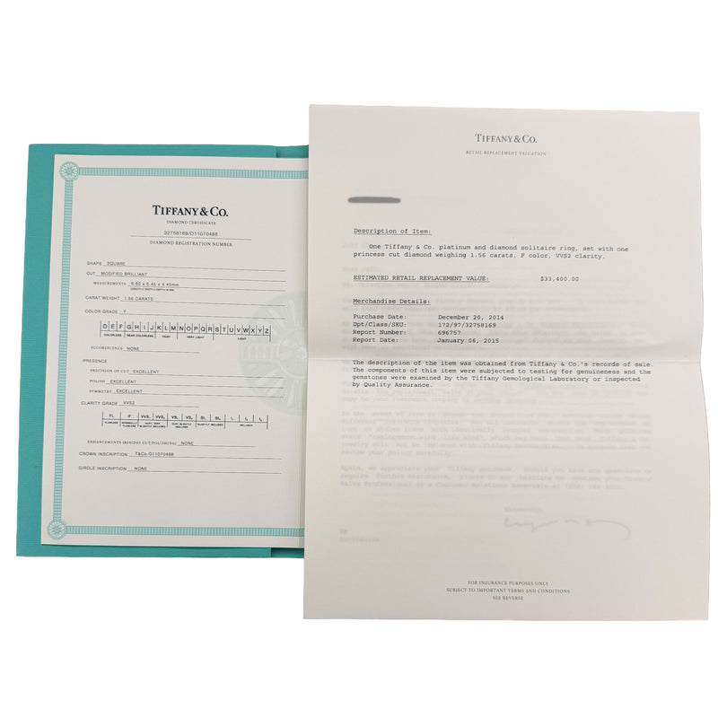 Tiffany & Co. 1.56 Ct Princess Diamond Engagement Ring 950