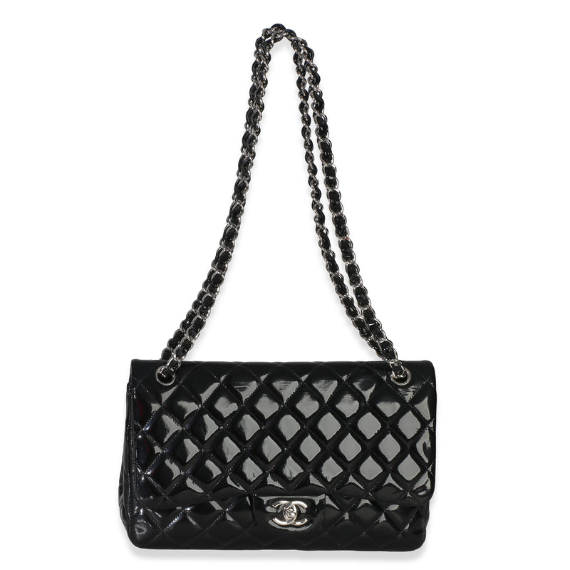 Chanel Black Quilted Patent Jumbo Classic Double Flap Bag Leather Handbag