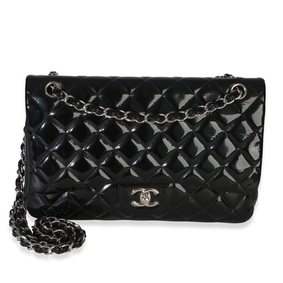 Chanel Black Quilted Patent Jumbo Classic Double Flap Bag Leather Handbag