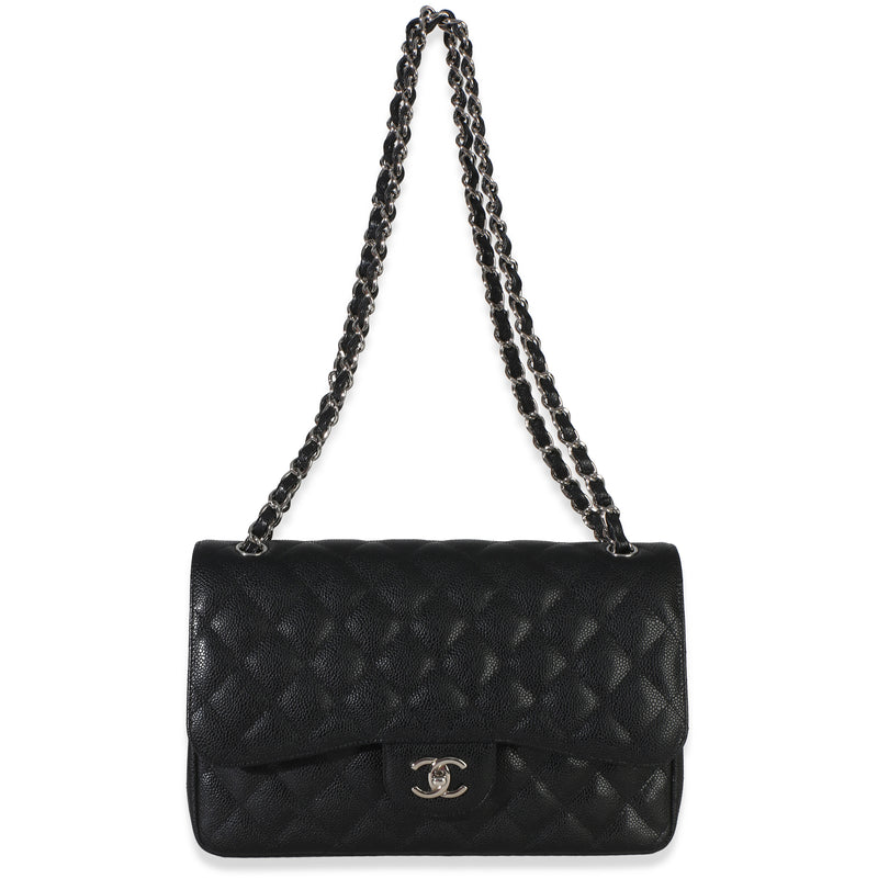 Chanel Black Quilted Caviar Jumbo Double Flap Handbag Leather