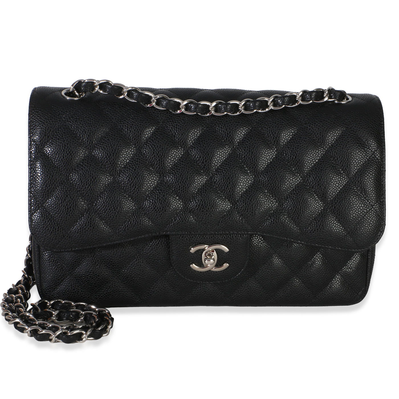 Chanel Black Quilted Caviar Jumbo Double Flap Handbag Leather
