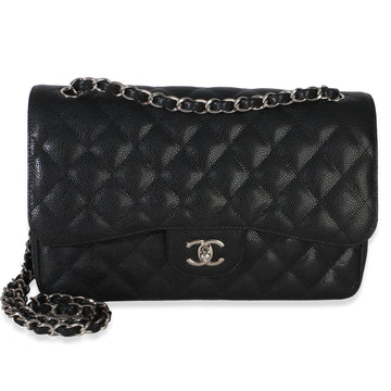 Chanel Black Quilted Caviar Jumbo Double Flap Handbag Leather