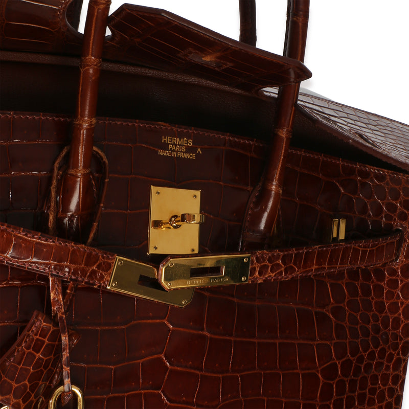 Hermès Miel Shiny Porosus Crocodile Birkin 35 Ghw Brown Exotic Handbag