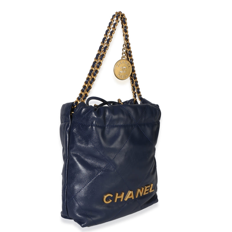 Chanel Navy Quilted Calfskin 22 Mini Hobo Blue Leather Handbag
