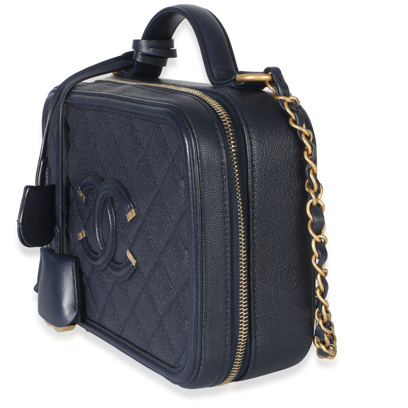 Chanel Navy Quilted Caviar Medium Filigree Vanity Case Blue Leather Handbag