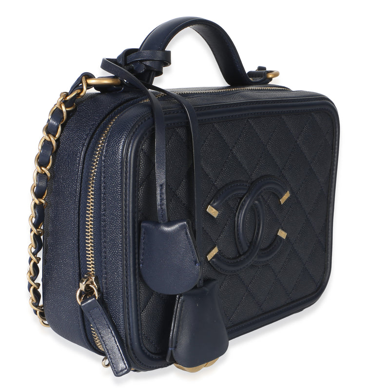 Chanel Navy Quilted Caviar Medium Filigree Vanity Case Blue Leather Handbag