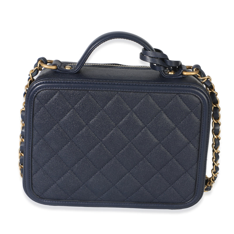 Chanel Navy Quilted Caviar Medium Filigree Vanity Case Blue Leather Handbag