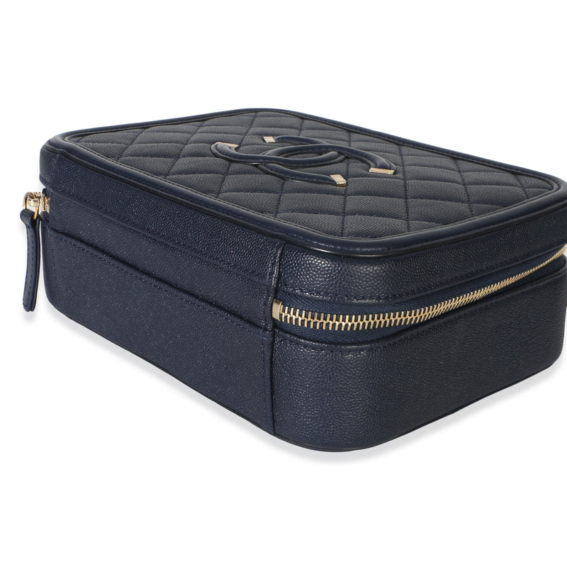 Chanel Navy Quilted Caviar Medium Filigree Vanity Case Blue Leather Handbag