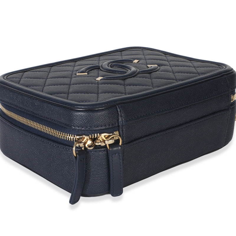 Chanel Navy Quilted Caviar Medium Filigree Vanity Case Blue Leather Handbag