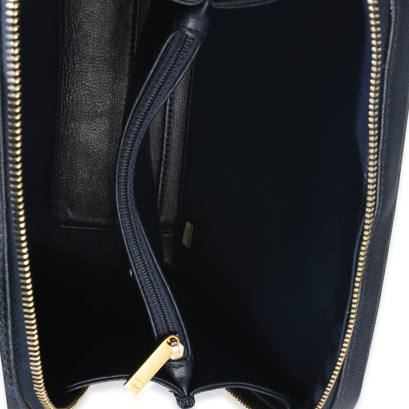 Chanel Navy Quilted Caviar Medium Filigree Vanity Case Blue Leather Handbag