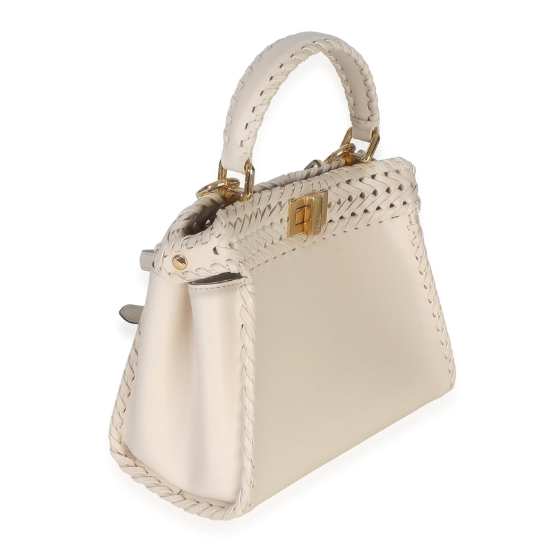 Fendi Cream Vitello King Interlace Mini Peekaboo Iconic Satchel Neutral Leather Handbag
