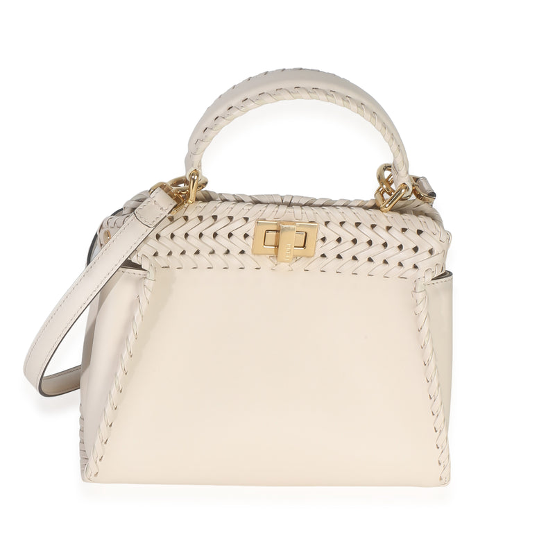 Fendi Cream Vitello King Interlace Mini Peekaboo Iconic Satchel Neutral Leather Handbag