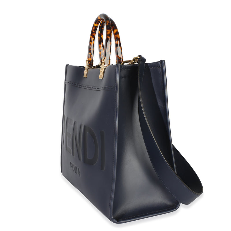 Fendi Navy Vitello King Plexiglass Embossed Medium Sunshine Shopper Tote Blue Leather Handbag