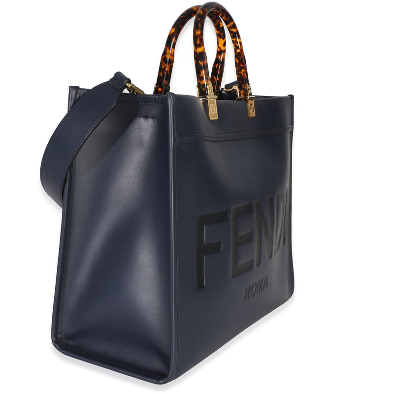 Fendi Navy Vitello King Plexiglass Embossed Medium Sunshine Shopper Tote Blue Leather Handbag