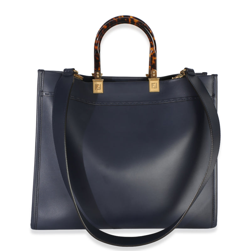 Fendi Navy Vitello King Plexiglass Embossed Medium Sunshine Shopper Tote Blue Leather Handbag