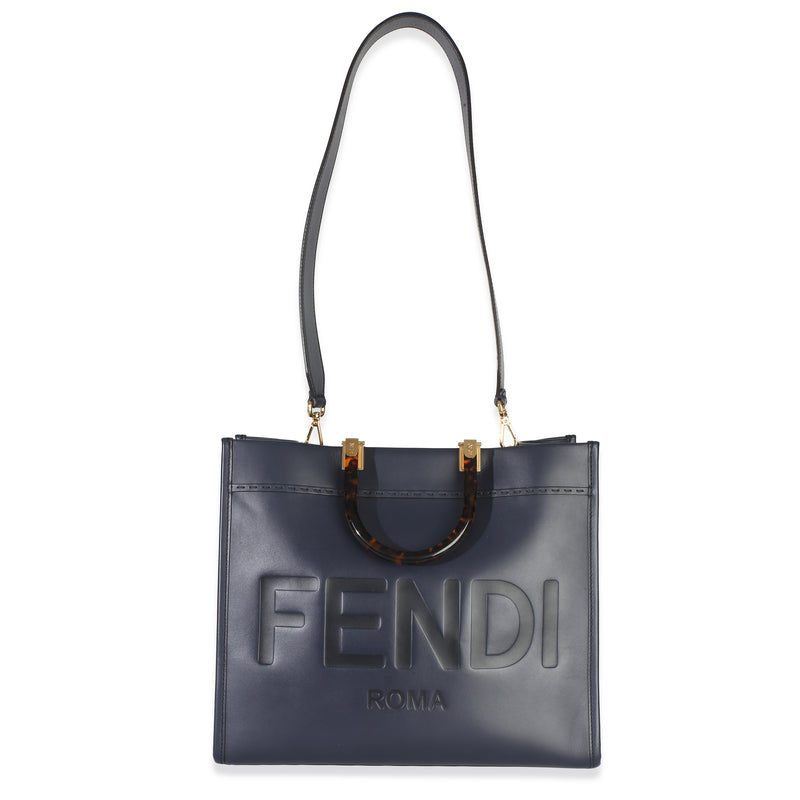 Fendi Navy Vitello King Plexiglass Embossed Medium Sunshine Shopper Tote Blue Leather Handbag