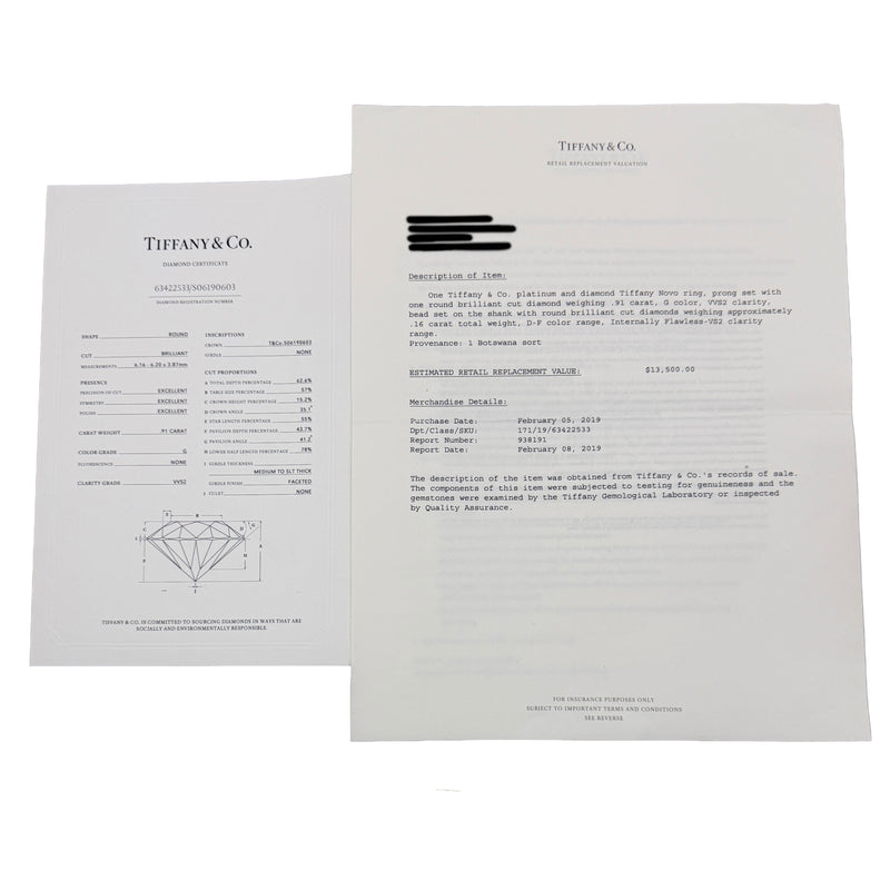 Tiffany & Co. 0.91 Ct Round Brilliant Diamond Novo Engagement Ring 950
