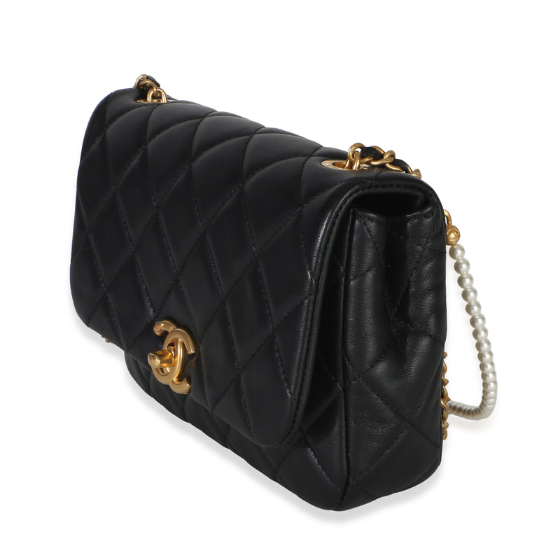 Chanel Black Quilted Lambskin Mini Pearly Chain Flap Bag Leather Handbag