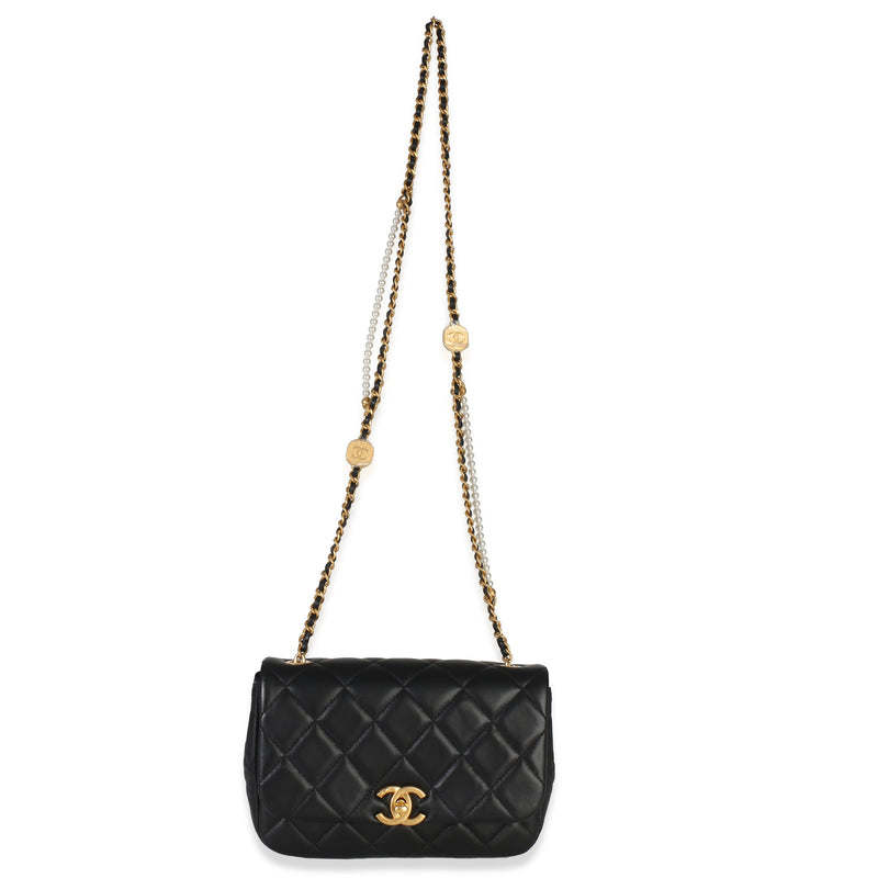 Chanel Black Quilted Lambskin Mini Pearly Chain Flap Bag Leather Handbag