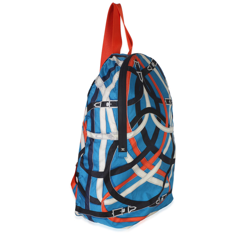 Hermès Bleu Zanibar Multicolor Cavalcadour Airsilk Backpack Blue; Fabric Handbag
