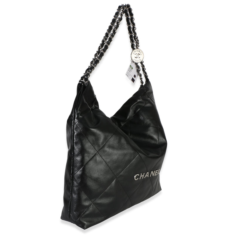 Chanel Black Quilted Shiny Calfskin 22 Hobo Leather Handbag