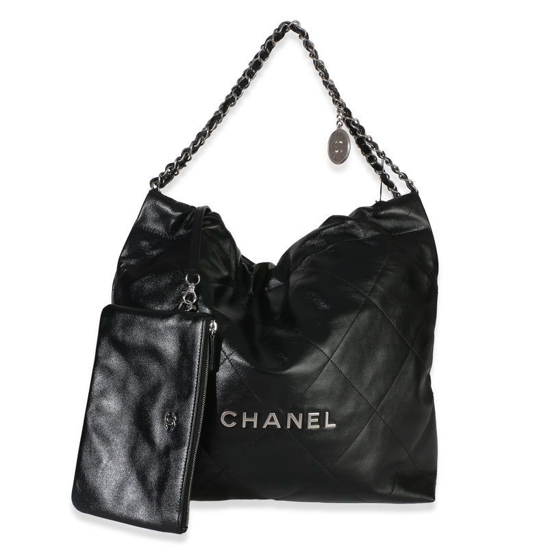 Chanel Black Quilted Shiny Calfskin 22 Hobo Leather Handbag