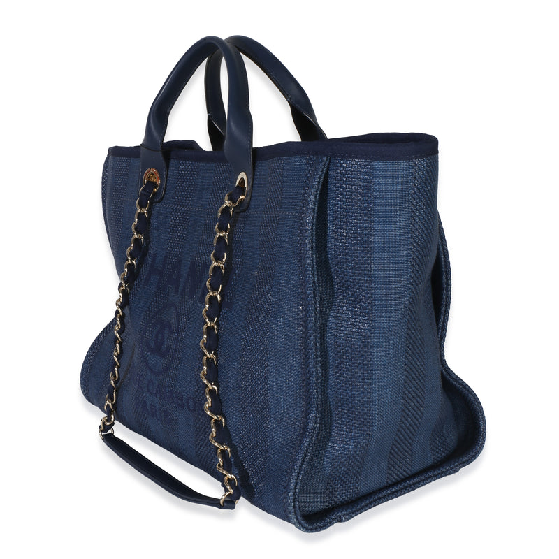 Chanel Navy Mixed Fibers Striped Large Deauville Tote Blue Canvas Handbag