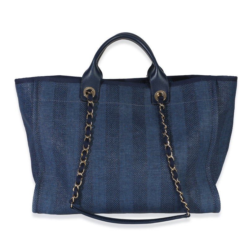 Chanel Navy Mixed Fibers Striped Large Deauville Tote Blue Canvas Handbag