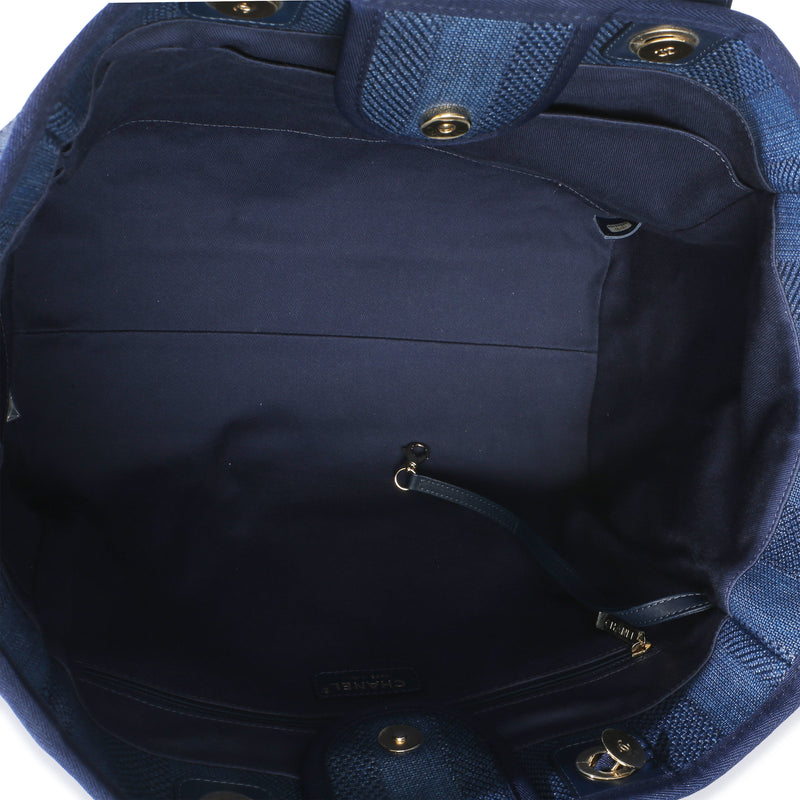 Chanel Navy Mixed Fibers Striped Large Deauville Tote Blue Canvas Handbag