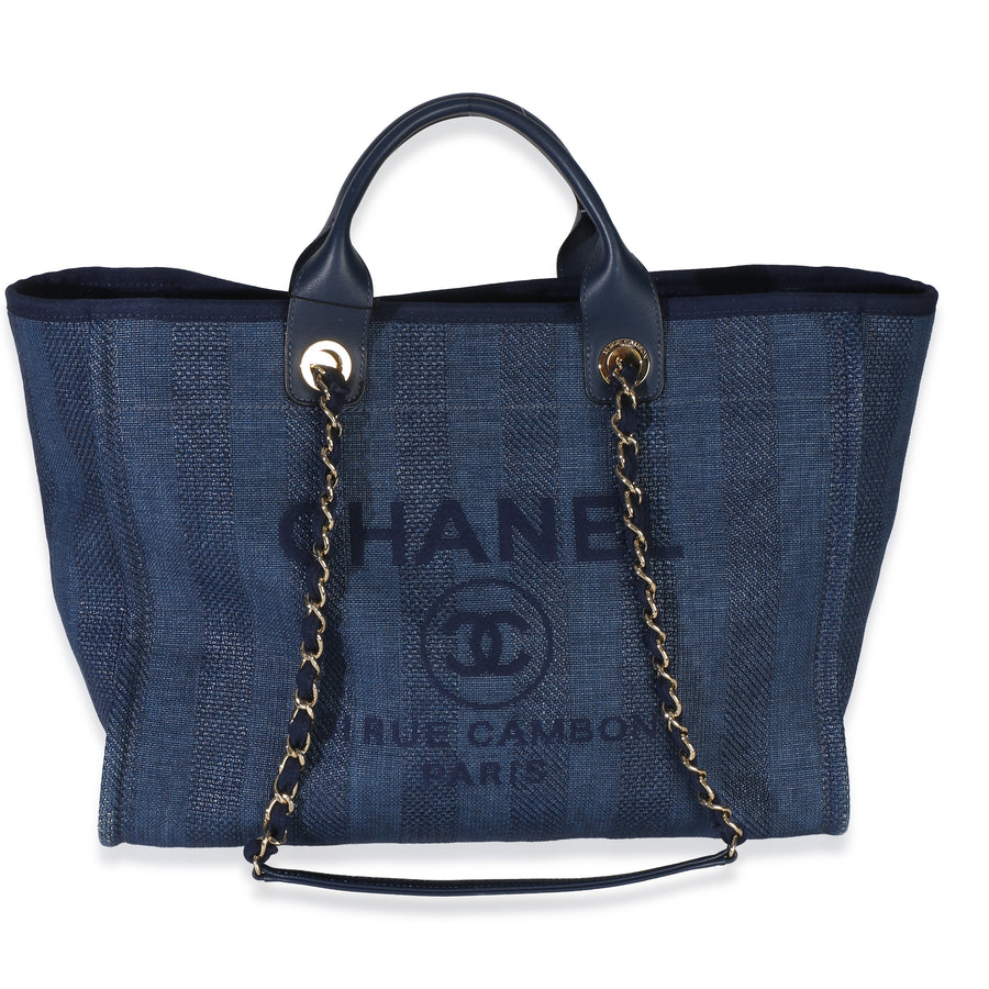 Chanel Navy Mixed Fibers Striped Large Deauville Tote Blue Canvas Handbag