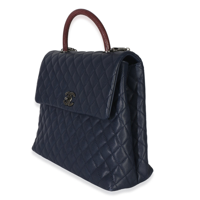 Chanel Navy Quilted Caviar Lizard Large Coco Top Handle Bag Blue Exotic; Leather Handbag